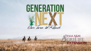 Ranchers riding horses with Generation Next and Texas A&M AgriLife logos